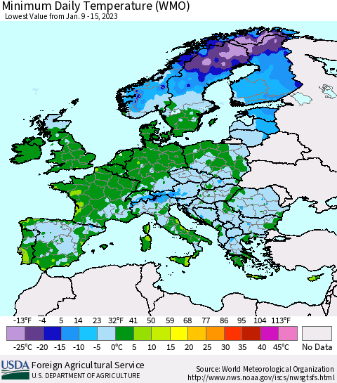Europe Minimum Daily Temperature (WMO) Thematic Map For 1/9/2023 - 1/15/2023