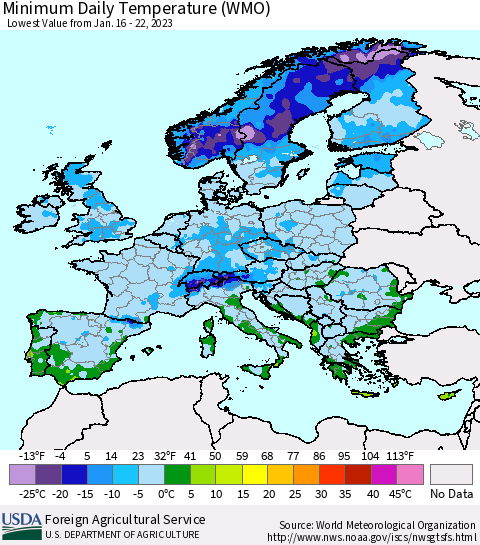 Europe Minimum Daily Temperature (WMO) Thematic Map For 1/16/2023 - 1/22/2023