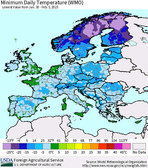 Europe Minimum Daily Temperature (WMO) Thematic Map For 1/30/2023 - 2/5/2023
