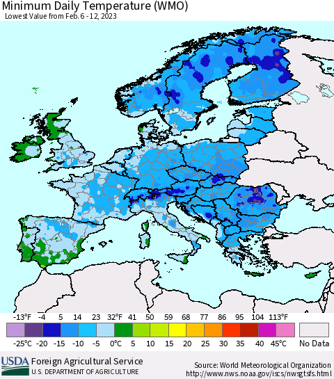 Europe Minimum Daily Temperature (WMO) Thematic Map For 2/6/2023 - 2/12/2023