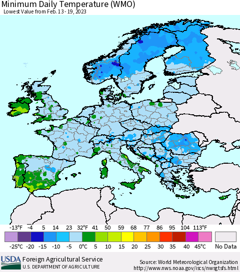 Europe Minimum Daily Temperature (WMO) Thematic Map For 2/13/2023 - 2/19/2023