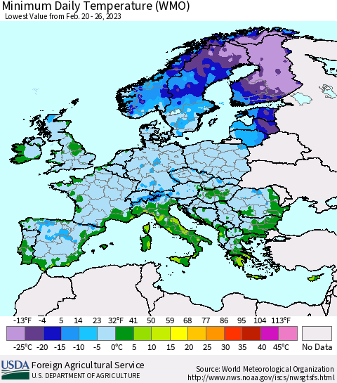 Europe Minimum Daily Temperature (WMO) Thematic Map For 2/20/2023 - 2/26/2023