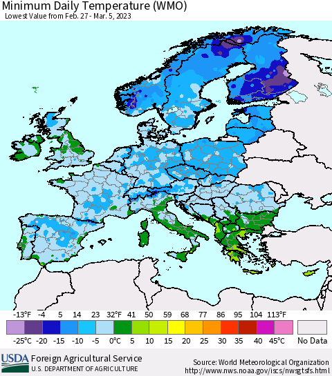 Europe Minimum Daily Temperature (WMO) Thematic Map For 2/27/2023 - 3/5/2023