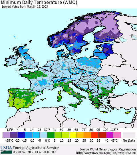 Europe Minimum Daily Temperature (WMO) Thematic Map For 3/6/2023 - 3/12/2023