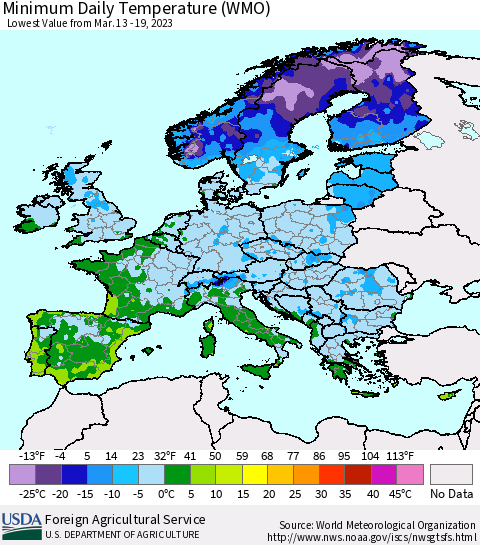Europe Minimum Daily Temperature (WMO) Thematic Map For 3/13/2023 - 3/19/2023