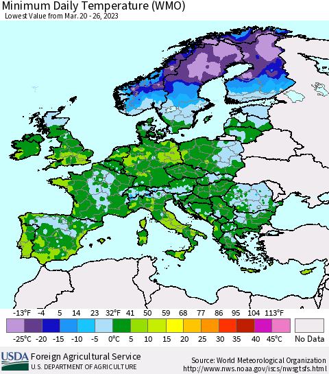 Europe Minimum Daily Temperature (WMO) Thematic Map For 3/20/2023 - 3/26/2023