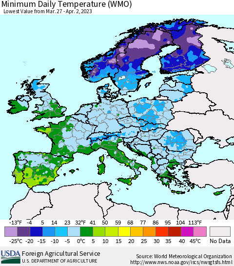 Europe Minimum Daily Temperature (WMO) Thematic Map For 3/27/2023 - 4/2/2023