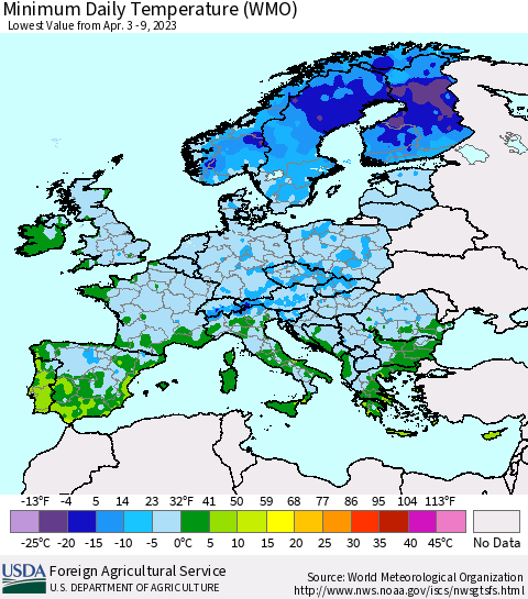 Europe Minimum Daily Temperature (WMO) Thematic Map For 4/3/2023 - 4/9/2023