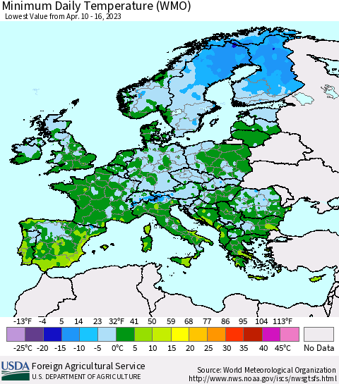 Europe Minimum Daily Temperature (WMO) Thematic Map For 4/10/2023 - 4/16/2023