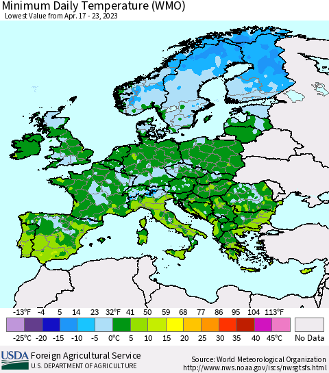 Europe Minimum Daily Temperature (WMO) Thematic Map For 4/17/2023 - 4/23/2023