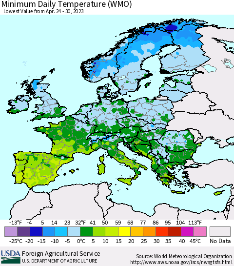 Europe Minimum Daily Temperature (WMO) Thematic Map For 4/24/2023 - 4/30/2023