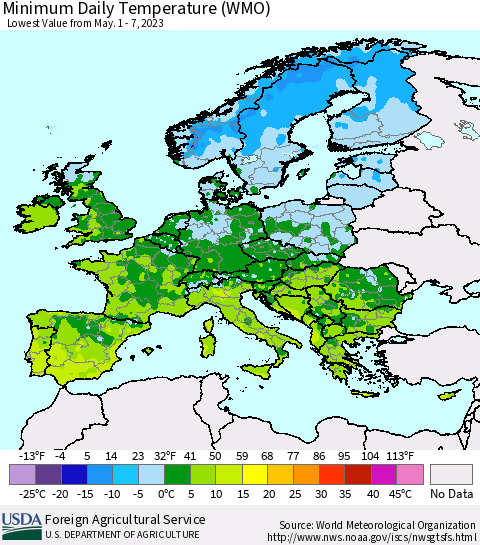 Europe Minimum Daily Temperature (WMO) Thematic Map For 5/1/2023 - 5/7/2023