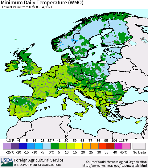 Europe Minimum Daily Temperature (WMO) Thematic Map For 5/8/2023 - 5/14/2023