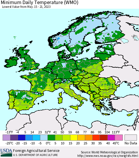 Europe Minimum Daily Temperature (WMO) Thematic Map For 5/15/2023 - 5/21/2023