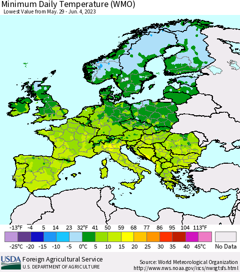 Europe Minimum Daily Temperature (WMO) Thematic Map For 5/29/2023 - 6/4/2023
