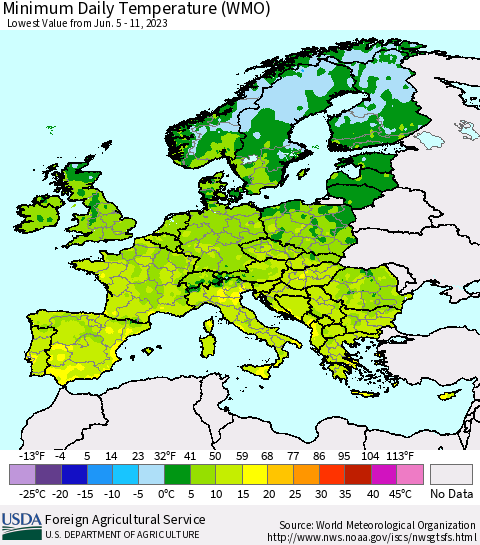 Europe Minimum Daily Temperature (WMO) Thematic Map For 6/5/2023 - 6/11/2023