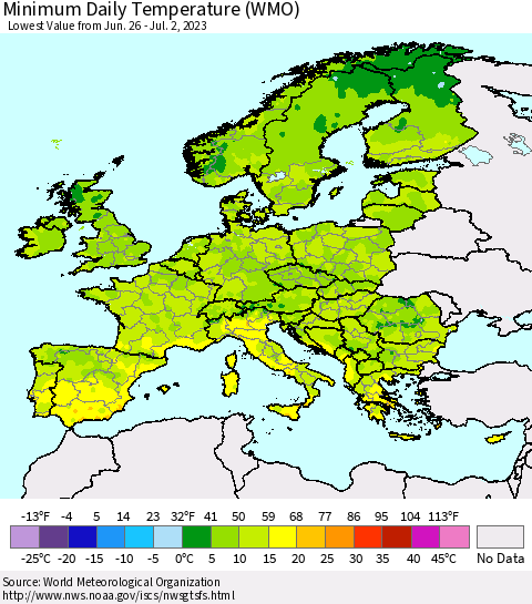 Europe Minimum Daily Temperature (WMO) Thematic Map For 6/26/2023 - 7/2/2023