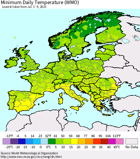 Europe Minimum Daily Temperature (WMO) Thematic Map For 7/3/2023 - 7/9/2023