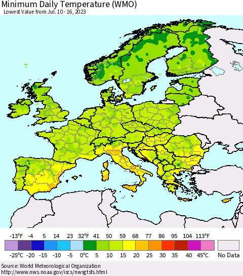 Europe Minimum Daily Temperature (WMO) Thematic Map For 7/10/2023 - 7/16/2023