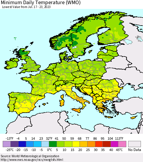 Europe Minimum Daily Temperature (WMO) Thematic Map For 7/17/2023 - 7/23/2023