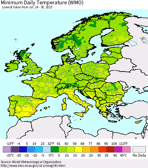 Europe Minimum Daily Temperature (WMO) Thematic Map For 7/24/2023 - 7/30/2023