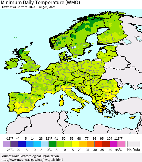 Europe Minimum Daily Temperature (WMO) Thematic Map For 7/31/2023 - 8/6/2023