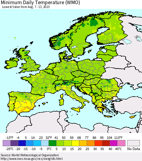 Europe Minimum Daily Temperature (WMO) Thematic Map For 8/7/2023 - 8/13/2023