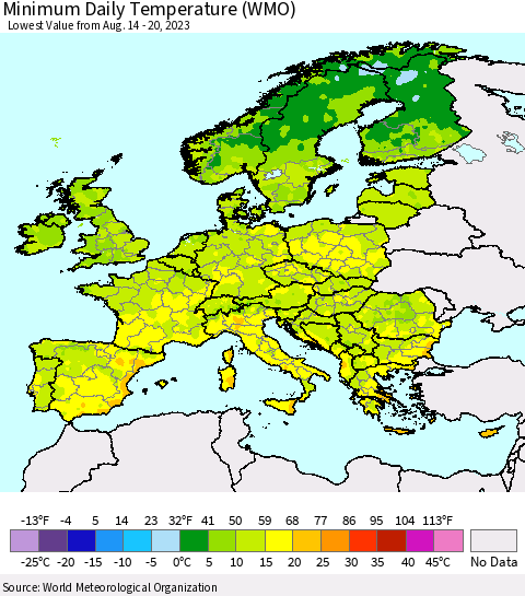 Europe Minimum Daily Temperature (WMO) Thematic Map For 8/14/2023 - 8/20/2023