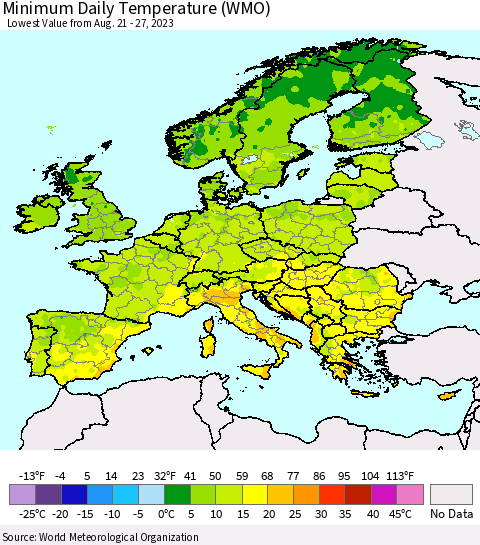 Europe Minimum Daily Temperature (WMO) Thematic Map For 8/21/2023 - 8/27/2023