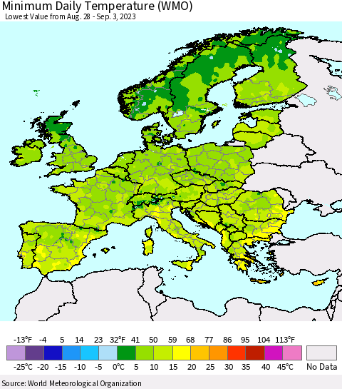 Europe Minimum Daily Temperature (WMO) Thematic Map For 8/28/2023 - 9/3/2023