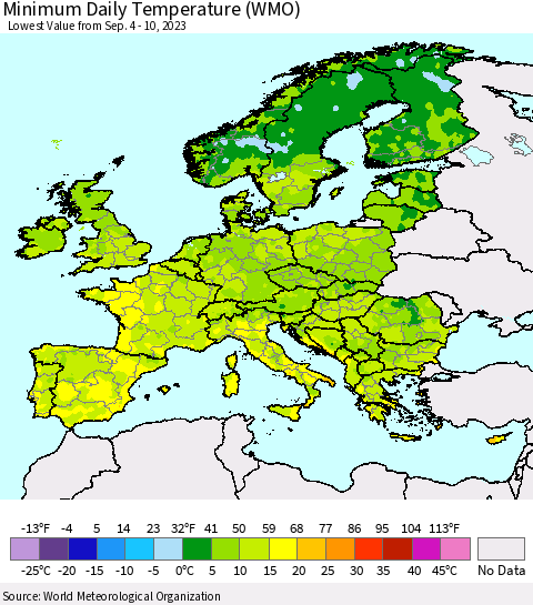 Europe Minimum Daily Temperature (WMO) Thematic Map For 9/4/2023 - 9/10/2023