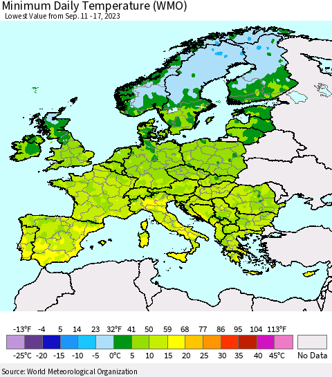 Europe Minimum Daily Temperature (WMO) Thematic Map For 9/11/2023 - 9/17/2023