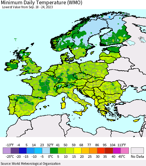 Europe Minimum Daily Temperature (WMO) Thematic Map For 9/18/2023 - 9/24/2023