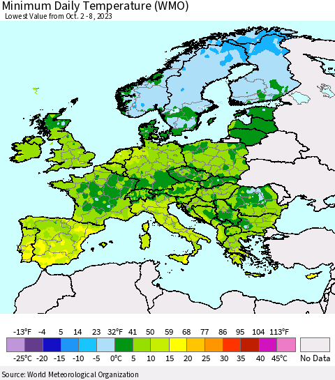 Europe Minimum Daily Temperature (WMO) Thematic Map For 10/2/2023 - 10/8/2023