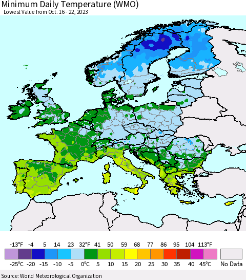 Europe Minimum Daily Temperature (WMO) Thematic Map For 10/16/2023 - 10/22/2023