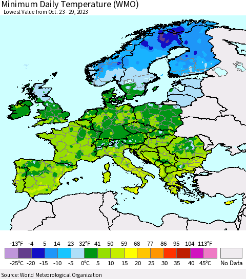 Europe Minimum Daily Temperature (WMO) Thematic Map For 10/23/2023 - 10/29/2023