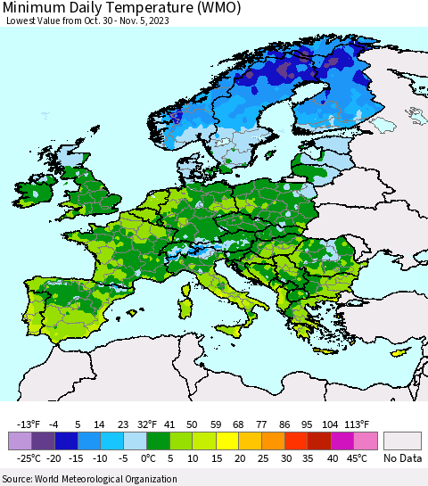 Europe Minimum Daily Temperature (WMO) Thematic Map For 10/30/2023 - 11/5/2023