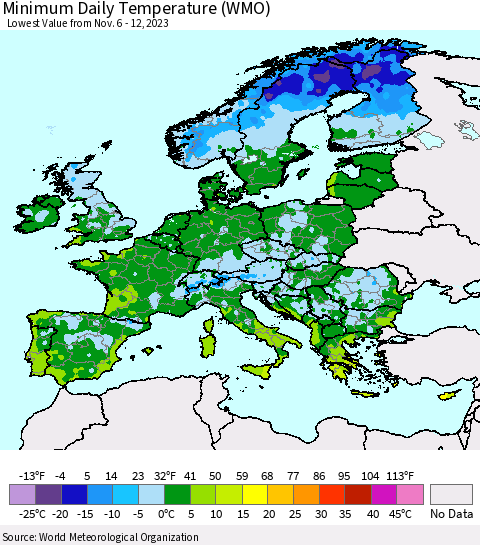 Europe Minimum Daily Temperature (WMO) Thematic Map For 11/6/2023 - 11/12/2023