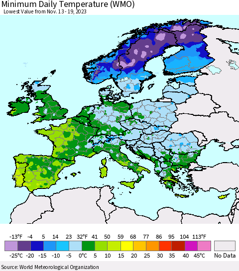 Europe Minimum Daily Temperature (WMO) Thematic Map For 11/13/2023 - 11/19/2023