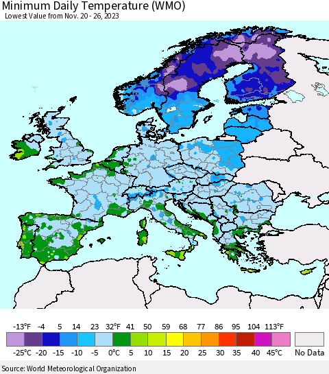 Europe Minimum Daily Temperature (WMO) Thematic Map For 11/20/2023 - 11/26/2023