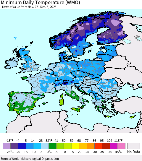 Europe Minimum Daily Temperature (WMO) Thematic Map For 11/27/2023 - 12/3/2023