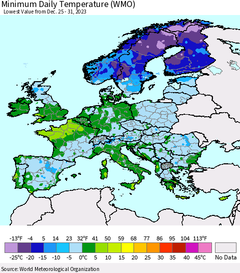 Europe Minimum Daily Temperature (WMO) Thematic Map For 12/25/2023 - 12/31/2023