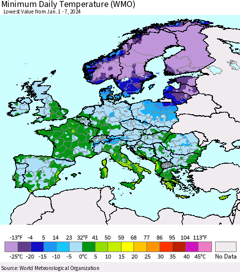 Europe Minimum Daily Temperature (WMO) Thematic Map For 1/1/2024 - 1/7/2024
