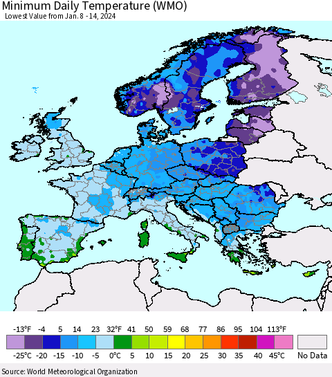 Europe Minimum Daily Temperature (WMO) Thematic Map For 1/8/2024 - 1/14/2024