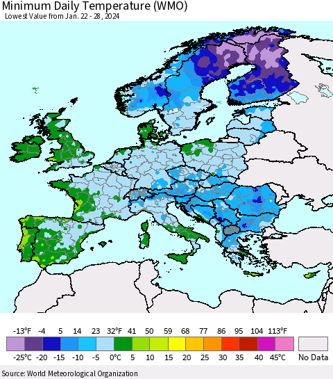 Europe Minimum Daily Temperature (WMO) Thematic Map For 1/22/2024 - 1/28/2024