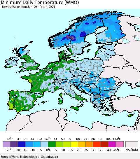 Europe Minimum Daily Temperature (WMO) Thematic Map For 1/29/2024 - 2/4/2024