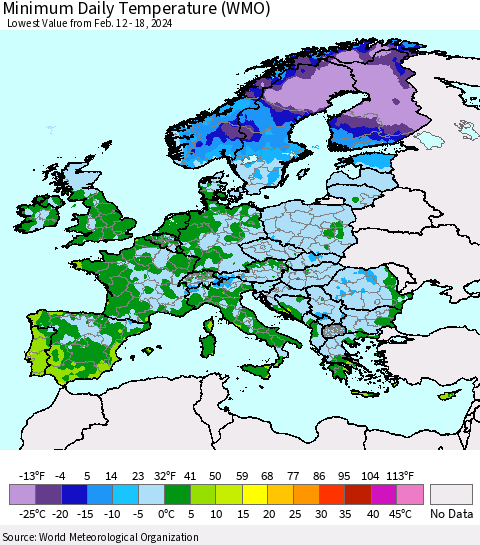 Europe Minimum Daily Temperature (WMO) Thematic Map For 2/12/2024 - 2/18/2024
