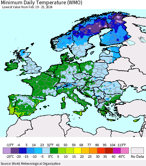Europe Minimum Daily Temperature (WMO) Thematic Map For 2/19/2024 - 2/25/2024