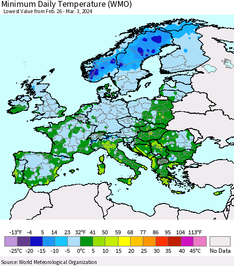 Europe Minimum Daily Temperature (WMO) Thematic Map For 2/26/2024 - 3/3/2024