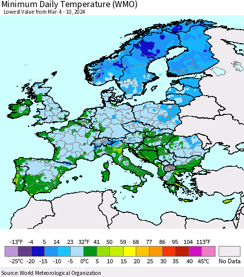 Europe Minimum Daily Temperature (WMO) Thematic Map For 3/4/2024 - 3/10/2024